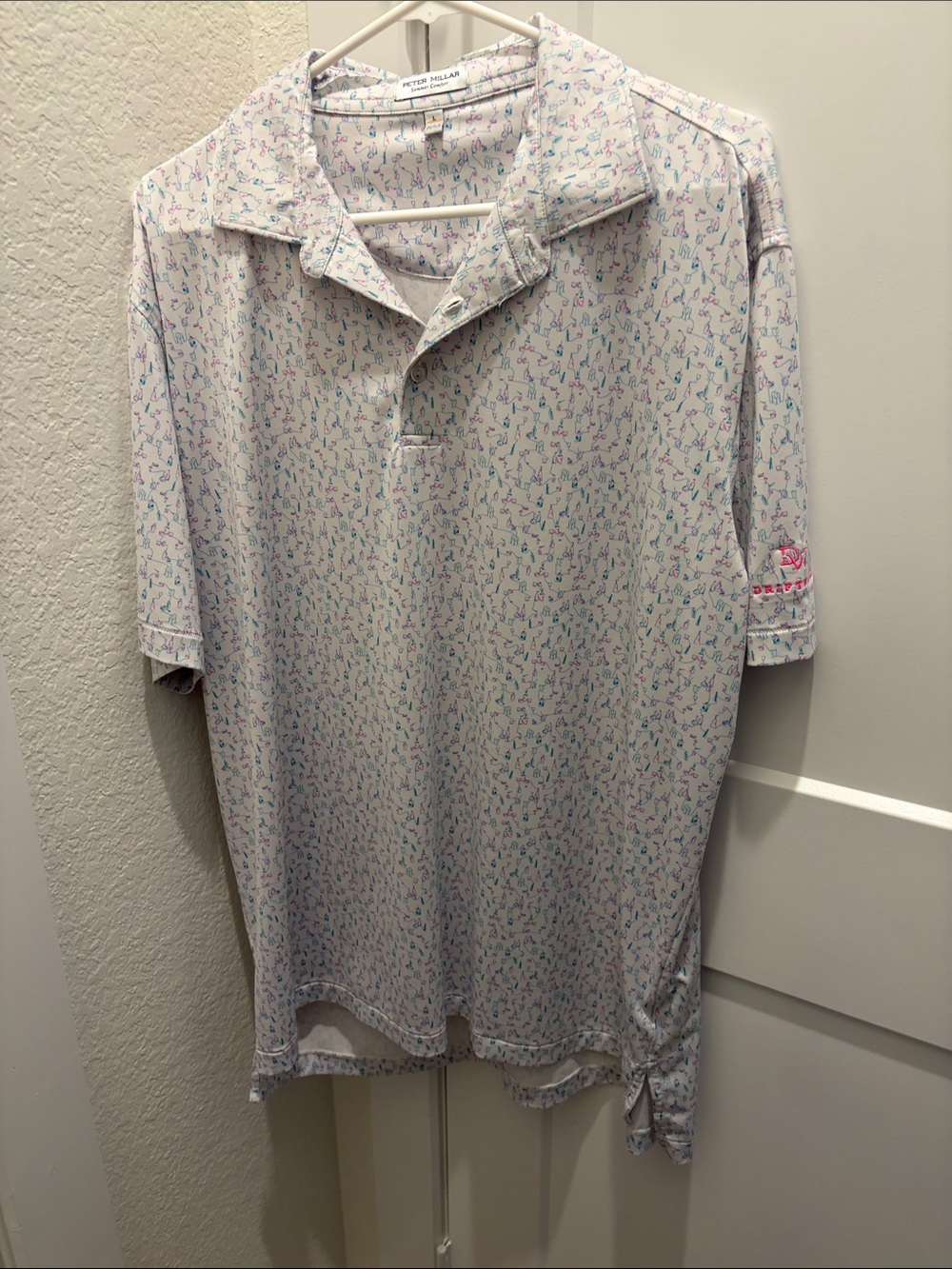 Peter Millar White Polo with Blue & Pink Micro Print Driftwood logo Large